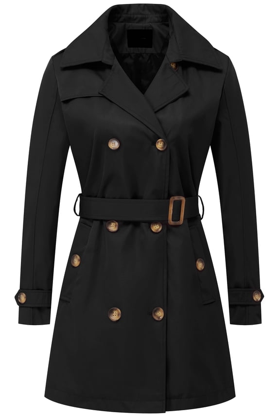 Women's Double-Breasted Trench Coat Mid-Length Belted Lapel Overcoat Pea Coats Outerwear Black S