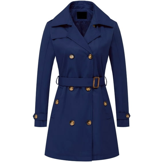 Chrisuno Women's Double Breasted Trench Coats Casual Lapel Long Sleeve Dresses Jackets Outwear with Belt Navy Blue 2XL