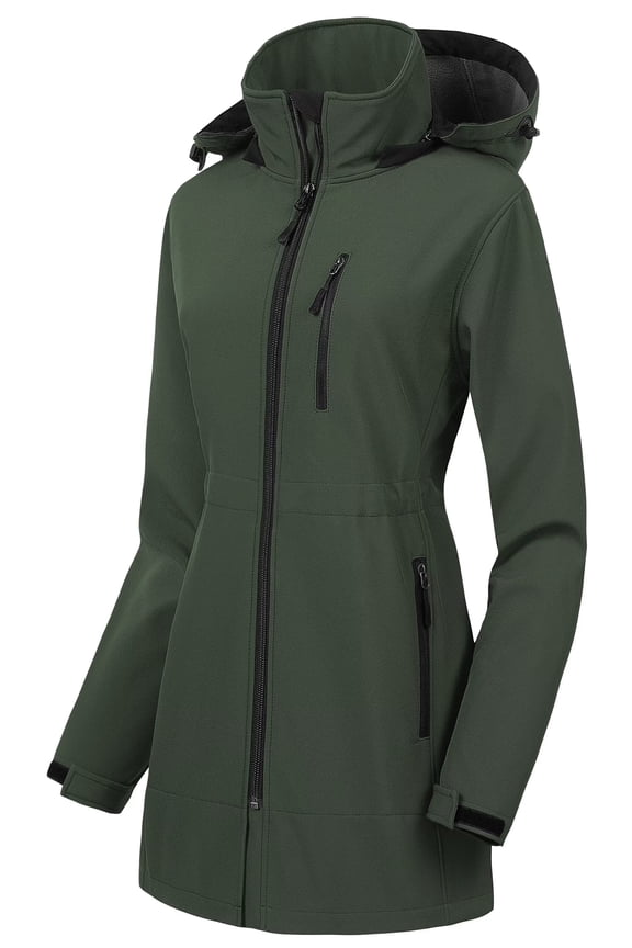 Women's Insulated Softshell Jacket Hooded Lightweight Windproof Fleece Lining Warm Long Trench Coats Green 2XL
