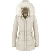 CHRISUNO Women's Insulated Winter Jacket Thicken Coat Warm Padded Windproof Mid-Long Parka With Detachable Hood Beige S