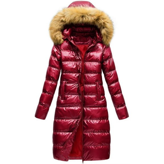 Chrisuno Women's Ladies Thicken Warm Winter Coat Parka Overcoat Long Jacket Belted Outwear Wine Red M