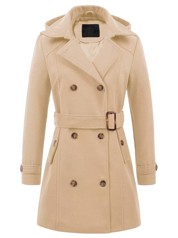 Women's Long Pea Jacket Trench Winter Peacoat Hood Dress Coat Khaki L