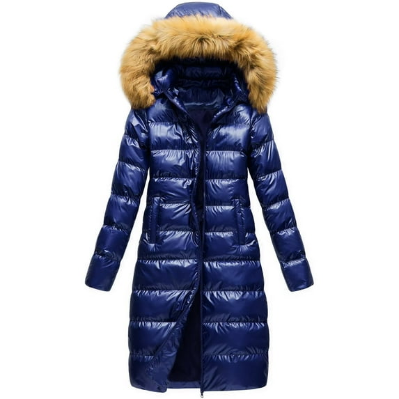 Chrisuno Women's Long Puffer Coat Parka Jacket Padded Thicken Coat With Hood Navy M