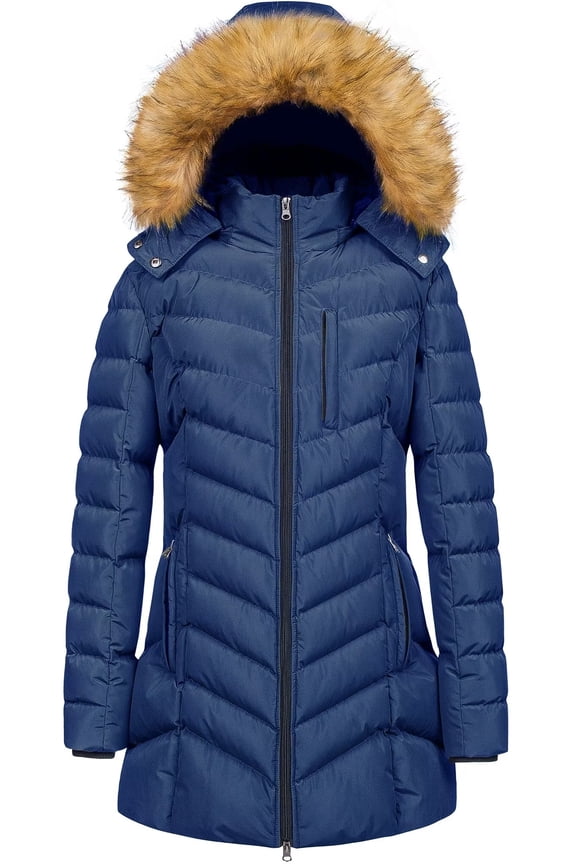 Women's Long Quilted Insulated Jacket Warm Puffer Cold Weather Coats Navy 2XL