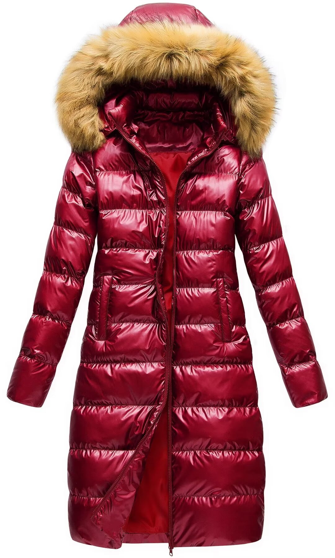 Red shiny coat with fur hood new arrivals
