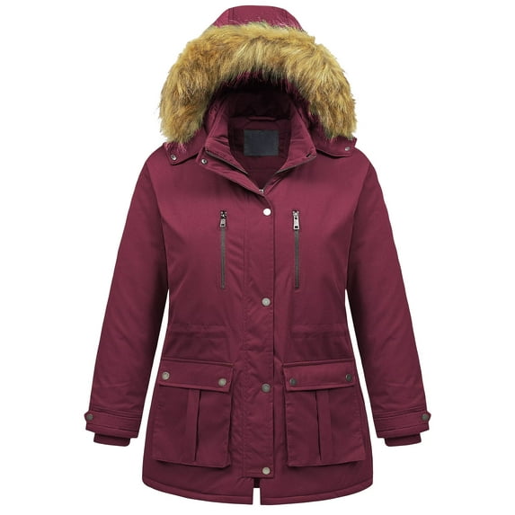Chrisuno Women's Plus Size Hooded Warm Winter Coat Quilted Thicken Puffer Jacket with Removable Hood Wine Red 2X