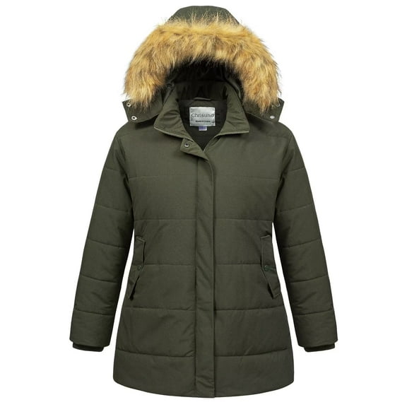Chrisuno Women's Plus Size Quilted Winter Coat Warm Puffer Jacket Thicken Parka with Removable Hood Army Green 2X