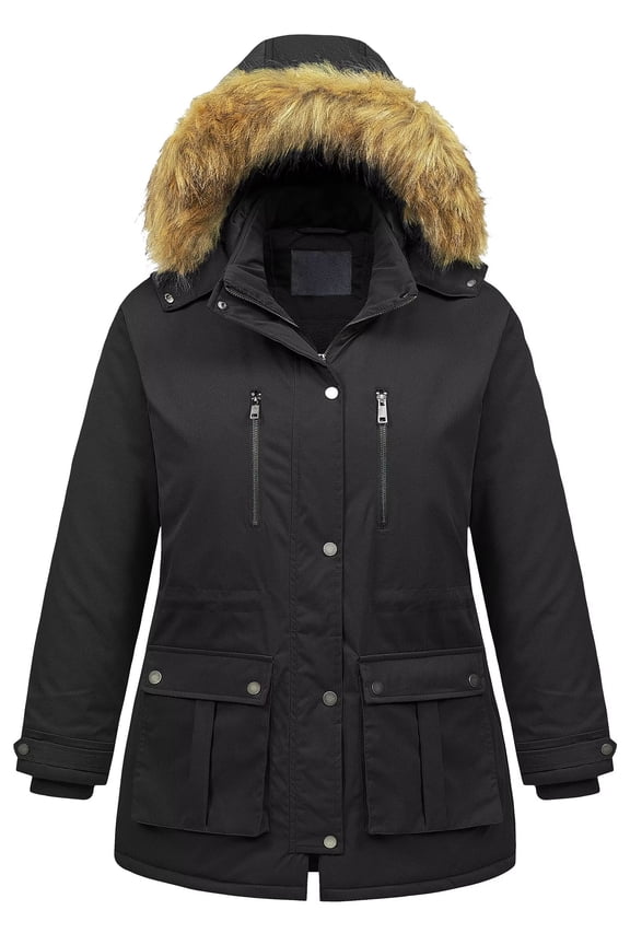 Women's Plus Size Winter Coats Sherpa Lined Puffer Jacket Long Coats with Detachable Hood Black 1X