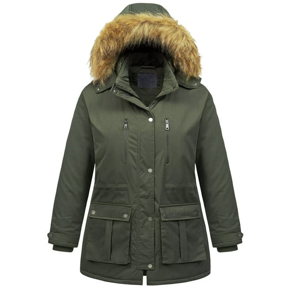 Chrisuno Women's Plus Size Winter Coats Thicken Quilted Warm Puffer Jacket Parka with Removable Hood Army Green 4X