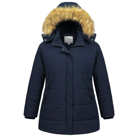 Chrisuno Women's Plus Size Winter Insulated Parka Coat Maternity Long Puffer Coat with Faux Fur Hood Navy Blue 4X