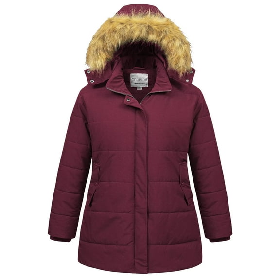 Chrisuno Women's Plus Size Winter Long Puffer Coat Warm Jacket Long Bubble Coat with Faux Fur Hood Wine Red 1X