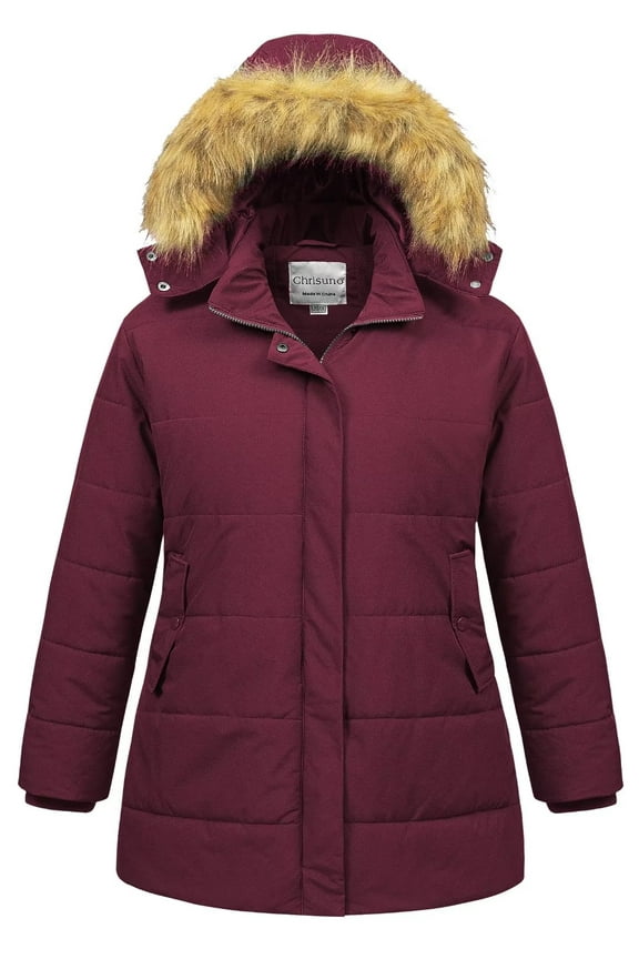 Women's Plus Size Winter Long Puffer Coat Warm Jacket Long Bubble Coat with Faux Fur Hood Wine Red 1X