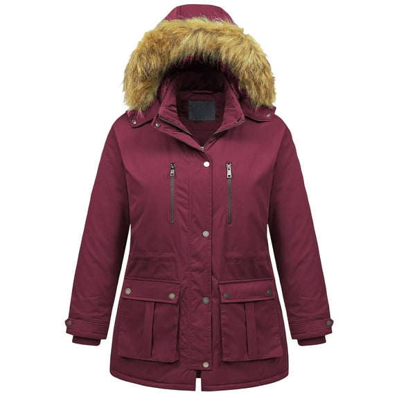 Chrisuno Women's Plus Size Winter Thicken Puffer Long Coat Warm Jacket Drawstring with Removable Hood Wine Red 4X