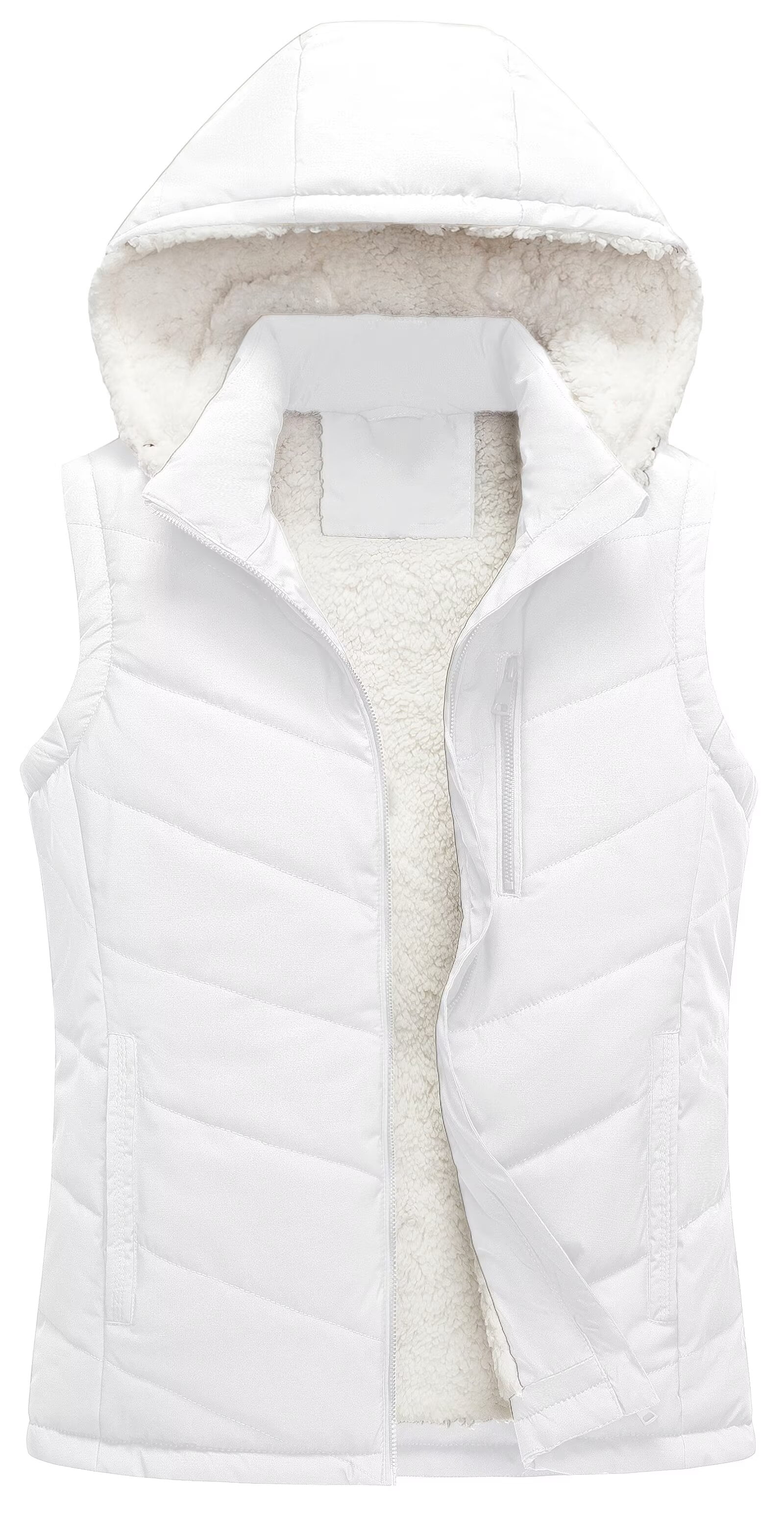Chrisuno Women's Puffer Vest For Women Outdoor Recreation Vests Girls Puffy Quilted Hooded Sherpa Sleeveless Jacket White 2XL