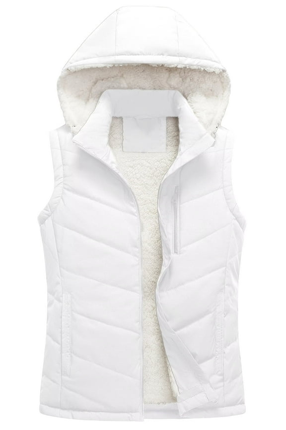 Women's Puffer Vest For Women Outdoor Recreation Vests Girls Puffy Quilted Hooded Sherpa Sleeveless Jacket White 2XL
