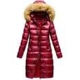 thumbnail image 1 of Chrisuno Women's Shiny Metallic Jackets Belted Parka Jacket Long Puffer Coat With Hood Wine Red S, 1 of 5