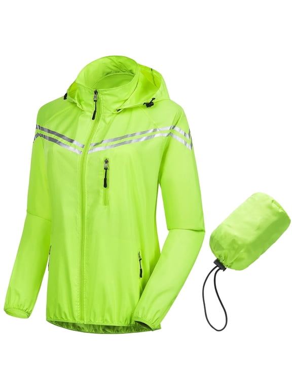 Women's Spring Fall Rain Jacket Skin Coat Lightweight Windbreaker Waterproof Packable Rain Coat For Adults Fluorescent Yellow L