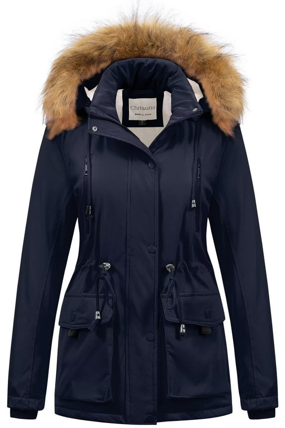 Women's Stylish Tall Winter Jacket Down Alternative Quilted Puffy Padded Coat With Hood Navy Blue S