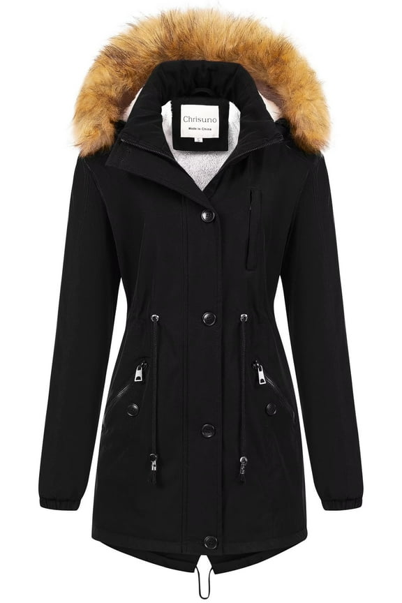 Women's Thicken Fleece Lined Sherpa Parka Winter Coat Hooded Padded Jacket With Removable Hood Black S