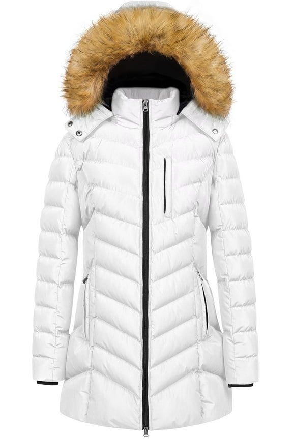 Women's Winter Coat Thicken Warm Long Jacket With Detachable Trimmed Hood White S