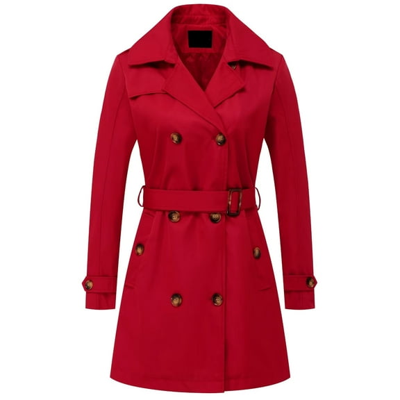 Chrisuno Women's Winter Double Breasted Trench Coat Mid Length Hooded Outwear Jacket with Pockets Red S