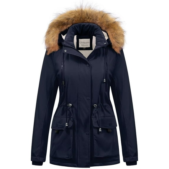 Chrisuno Women's Winter Lined Jacket Plus Size Down Alternative Outerwear Heavy Puffer Jacket Hooded Coat Navy Blue L