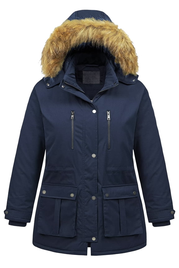 Women's Winter Plus Size Parka Jacket Fleece Lined Puffer Winter Jackets Sherpa Lined Coats with Hood Navy Blue 1X