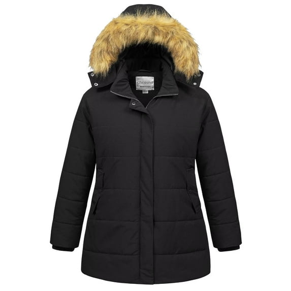 Chrisuno Women's Winter Plus Size Womens Puffer Coat Fleece Lined Parka Jacket with Detachable Hood Black 1X