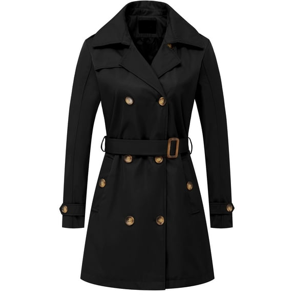 Chrisuno Womens Double Breasted Trench Coat Mid-Length Lightweight Jacket Slim Spring Fall Overcoat Black M