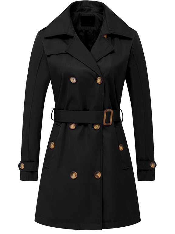 Womens Double Breasted Trench Coat Mid-Length Lightweight Jacket Slim Spring Fall Overcoat Black M