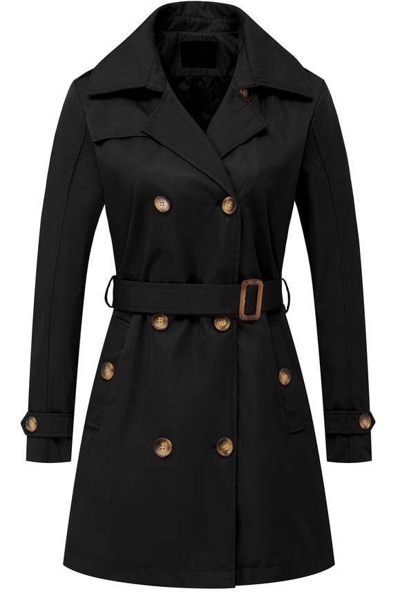 Womens Double Breasted Trench Coat Mid-Length Lightweight Jacket Slim Spring Fall Overcoat Black M