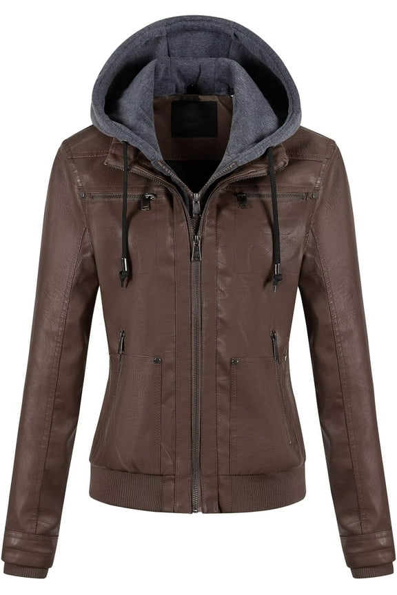 Womens Faux Leather Jacket Women Motorcycle Bomber Jackets Lightweight Fall Leather Coat With Removable Hood Coffee M