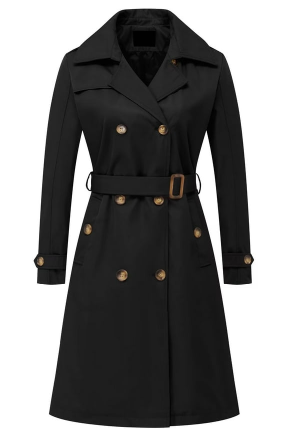 Womens Long Trench Coat Women's 3/4 Length Double Breasted Lapel Jacket with Belt Black XL