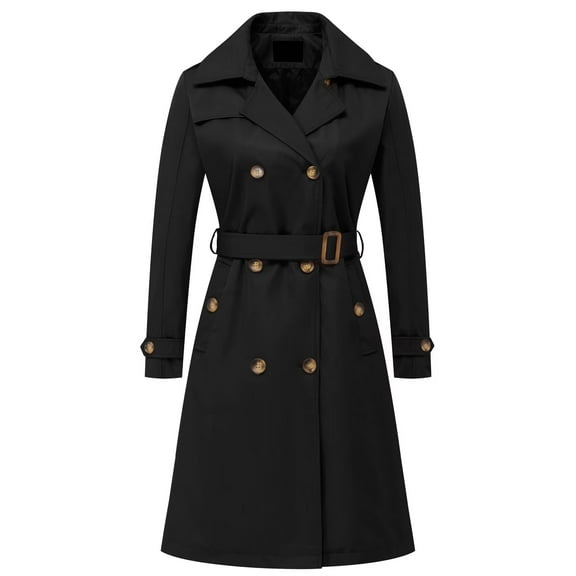 Chrisuno Womens Long Trench Coat Women's 3/4 Length Double Breasted Lapel Jacket with Belt Black XL