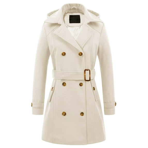 Chrisuno Womens Pea Coat Wool Coat With Hood Lapel Collar Double-Breasted Hooded Pea Coat Plaid Belted Jackets with Pockets White L