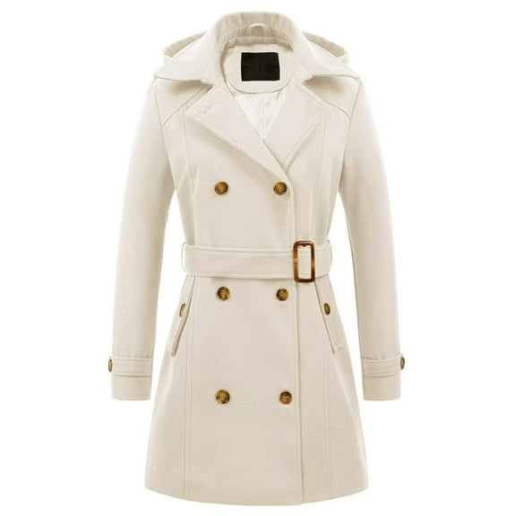 Chrisuno Womens Pea Coat Wool Coat With Hood Lapel Collar Double-Breasted Hooded Pea Coat Plaid Belted Jackets with Pockets White L