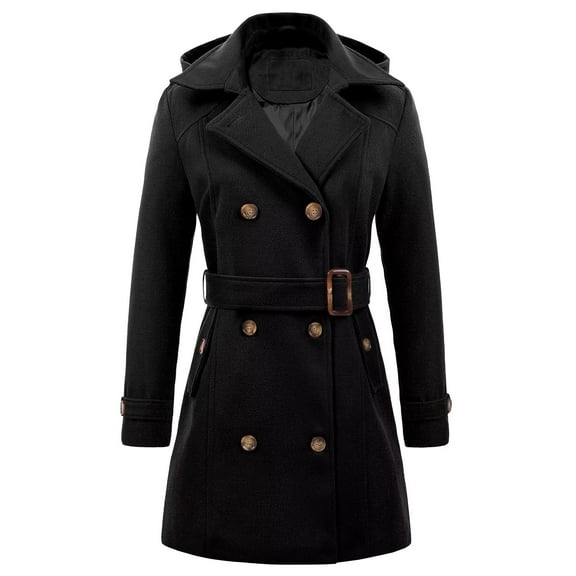 Chrisuno Womens Peacoats Double Breasted Belted Wool Blend Pea Coat Hood Black L