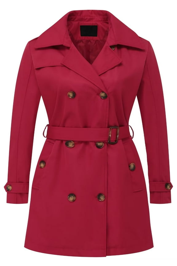 Womens Plus Trench Coat Light Coats for Women Mid Length Jacket Dressy Hood Belt Double Breasted Waterproof Red 2X