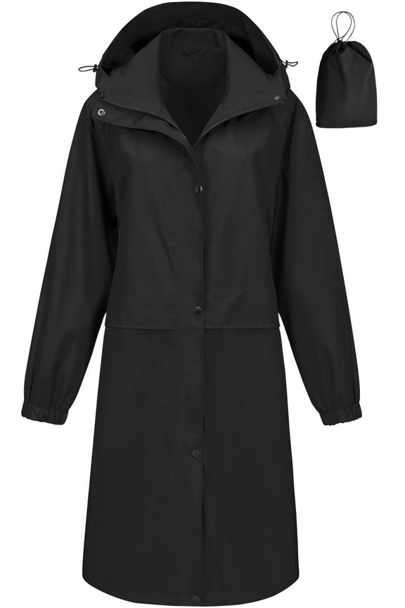 Womens Rain Jacket Waterproof Raincoat For Women Women's Long Lightweight Hooded Coat Hiking Travel Outdoor Black L