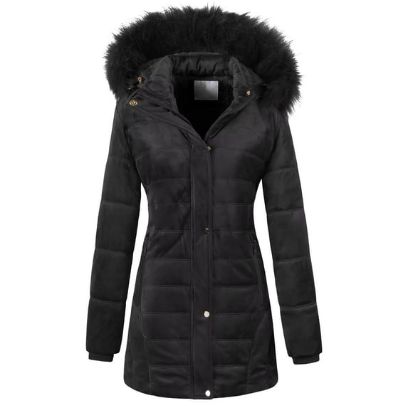 Chrisuno Womens Warm Winter Lightweight Puffer Jacket Fleece Lined Parkas Long Coats L Black