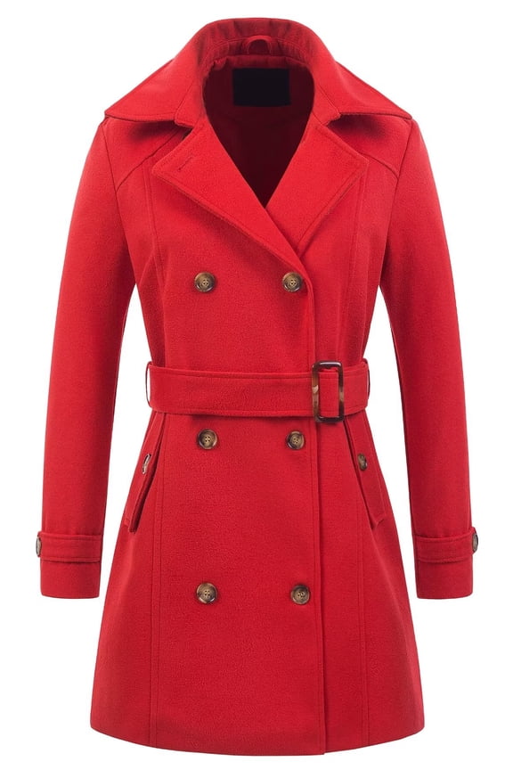 Womens Winter Wool Coat Double Breasted Pea Coat Long Trench Coat Red L