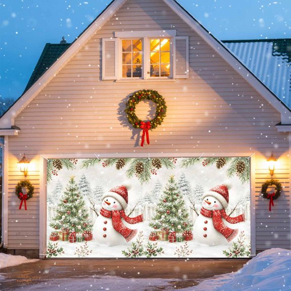 Chritsmas Snowman Garage Door Banner 6.9x16 Ft, Xmas Tree Gifts Snowflake Farmhouse Outdoor Garage Door Cover for Holiday Party, Large Hanging Banner Backdrop Decoration Wall Decor Flag