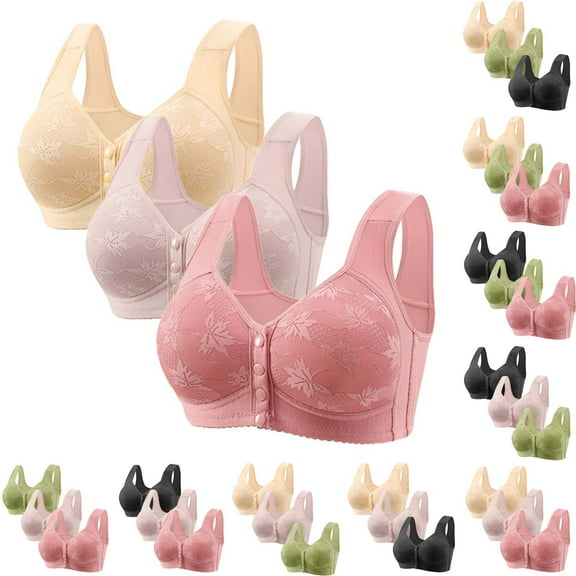 Chroia 3PC Bras for Older Women, No Underwire Plus Size Front Button Bra, Full Support Wide Back Bras, Push Up Bra