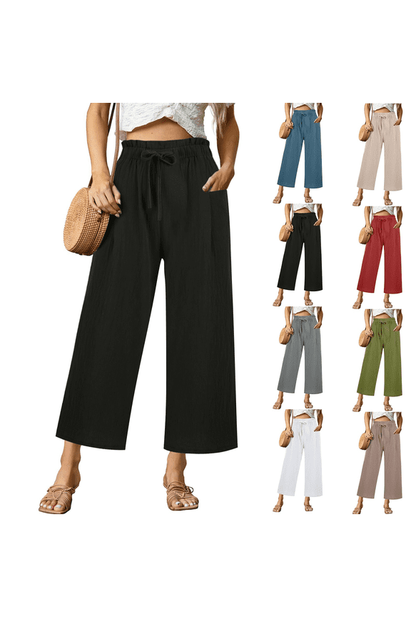 Capri Pants for Women High Waisted Wide Leg Linen Casual Gaucho Pants with Pockets