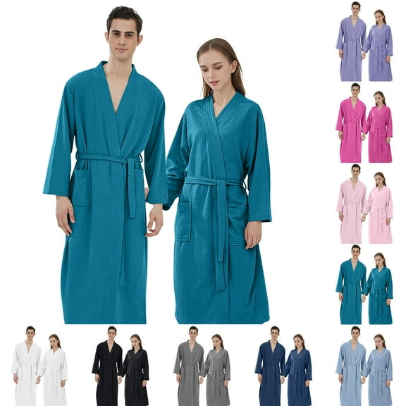 Chroia Couple's Waffle Bath Robe Set - Mens Hooded & Ladies Kimono Robe, Polyester White Blue for Hotel Home
