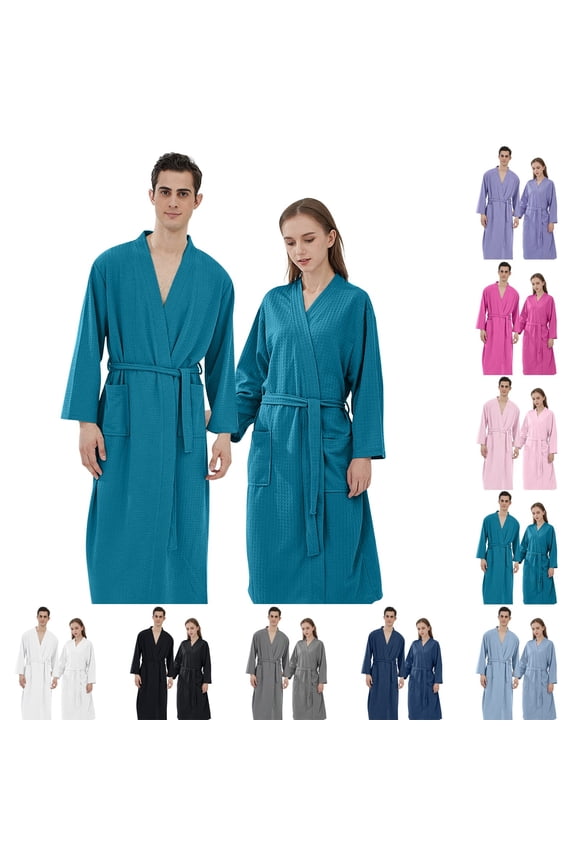 Couple's Waffle Bath Robe Set - Mens Hooded & Ladies Kimono Robe, Polyester White Blue for Hotel Home