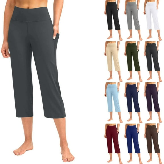 Chroia Gradual Capri Pants for Women High Waist Workout Yoga Pants with Pockets Tummy Control Leggings Crop Straight