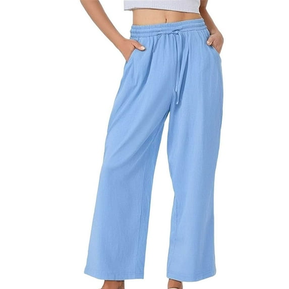 Chroia Linen Pants Women Casual Cotton Linen Palazzo Pants, Wide Leg Loose Fit Elastic Drawstring Waist with Pockets