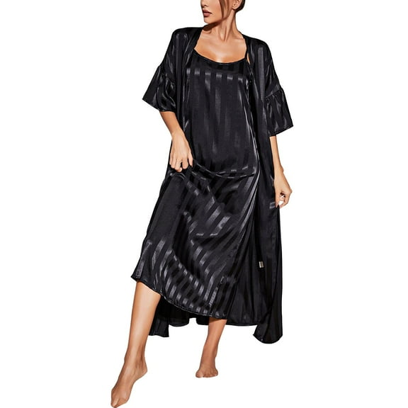 Chroia Solid Color Satin Pajama Set 2 Pieces Women Robe & Nightgown Soft Silky Sleepwear