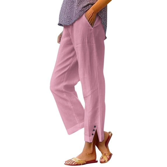 Chroia Women 2026 Summer Casual Linen Trousers, High Waisted Straight Leg Elastic Drawstring Button Slit Cropped Pants